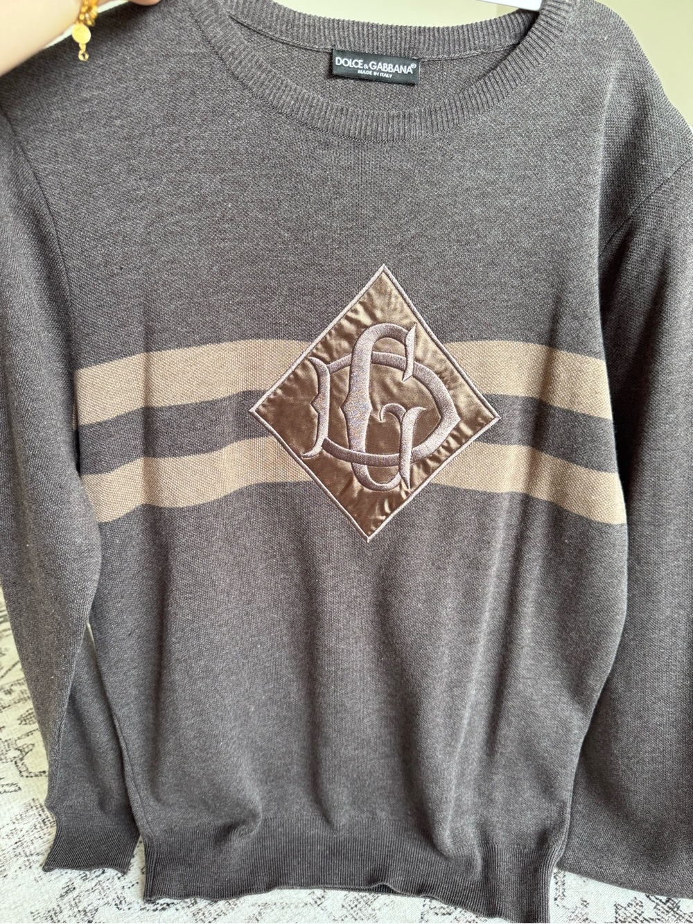 Dolce & Gabbana Brown Crewneck Sweater with Tan Stripes NEW